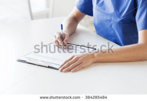 stock-photo-medicine-people-and-healthcare-concept-close-up-of-female-doctor-or-nurse-writing-medical-report-384285484